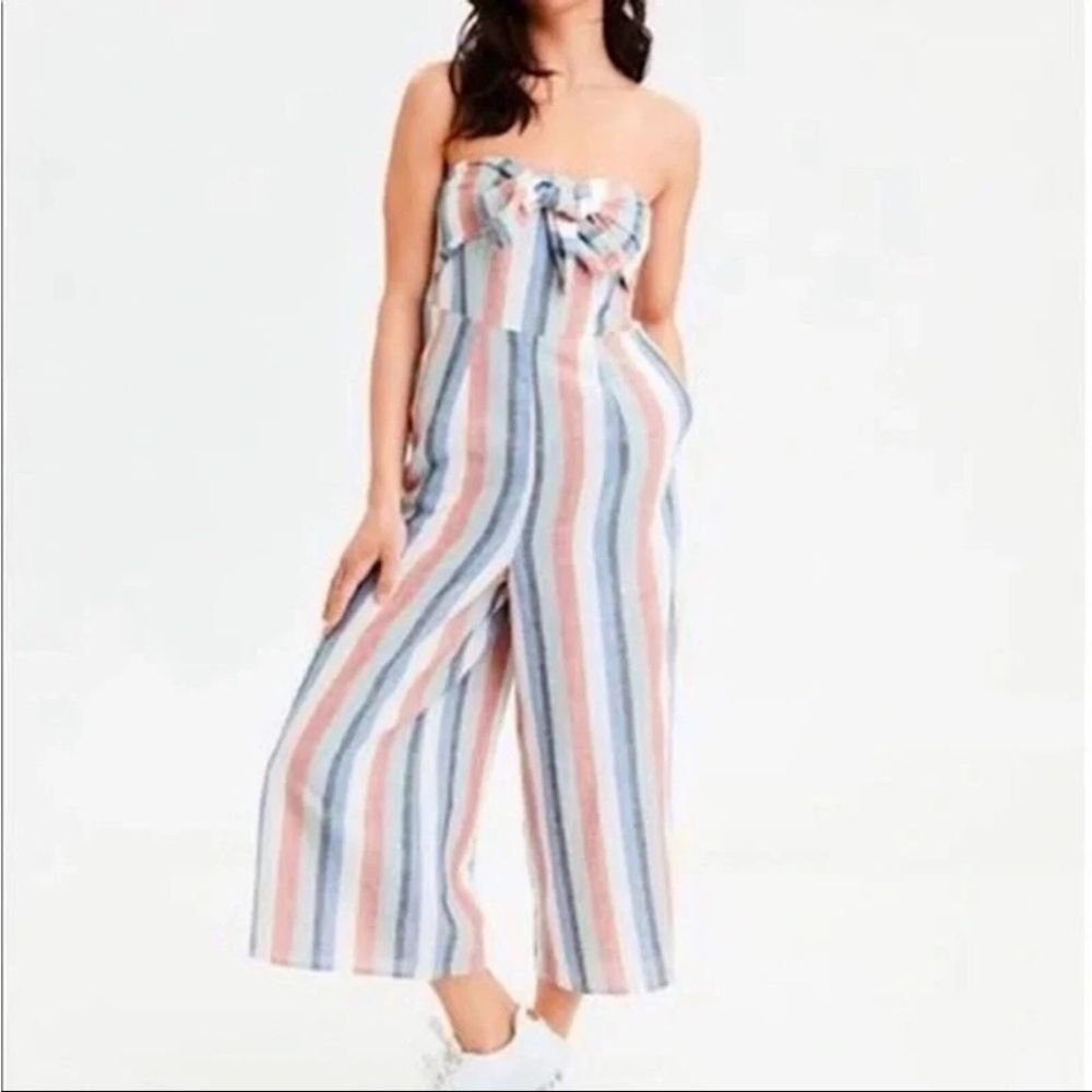American Eagle Outfitters Striped Tie-front Jumpsuit Orange, Blue, White szS EUC